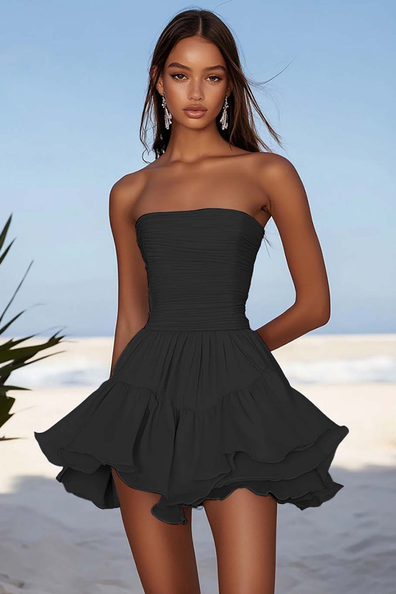 Load image into Gallery viewer, Sky Blue Chiffon Ruched Strapless Short Cocktail Dress with Ruffles