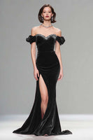 Load image into Gallery viewer, Sparkly Burgundy Velvet Off the Shoulder Long Holiday Party Dress with Beading