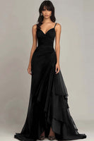 Load image into Gallery viewer, Dark Brown Spaghetti Straps Chiffon Ruffled Long Formal Dress