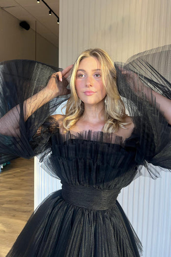 Black A-Line Off The Shoulder Homecoming Dress with Detachable Long Sleeves