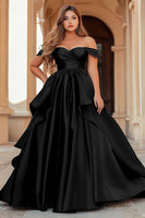 Load image into Gallery viewer, Dark Green Off the Shoulder Satin Long Prom Dress with Ruffles