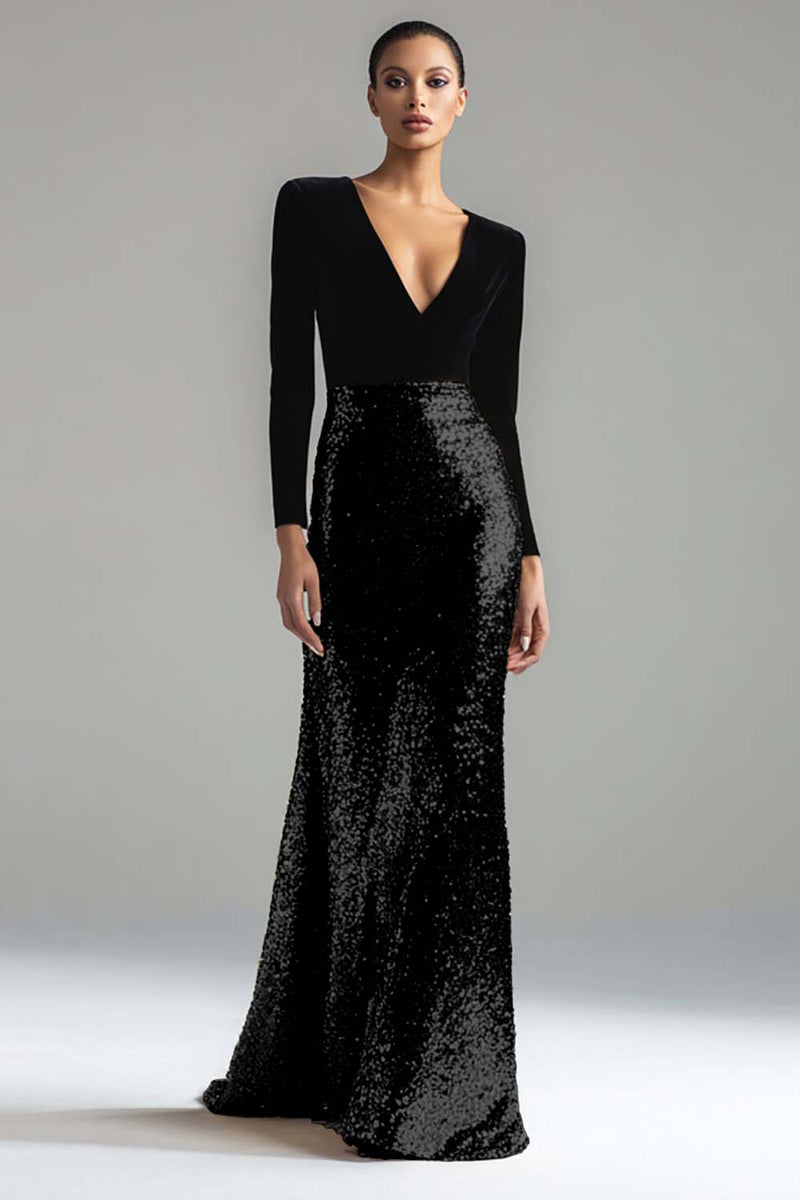 Load image into Gallery viewer, Sparkly Gold and Black Sequin Mermaid V-Neck Long Sleeves Holiday Party Dress