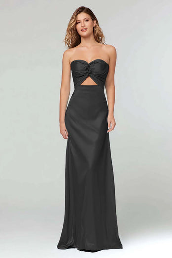 Black  Sheath Satin Sweetheart Cut Out Long Formal Dress