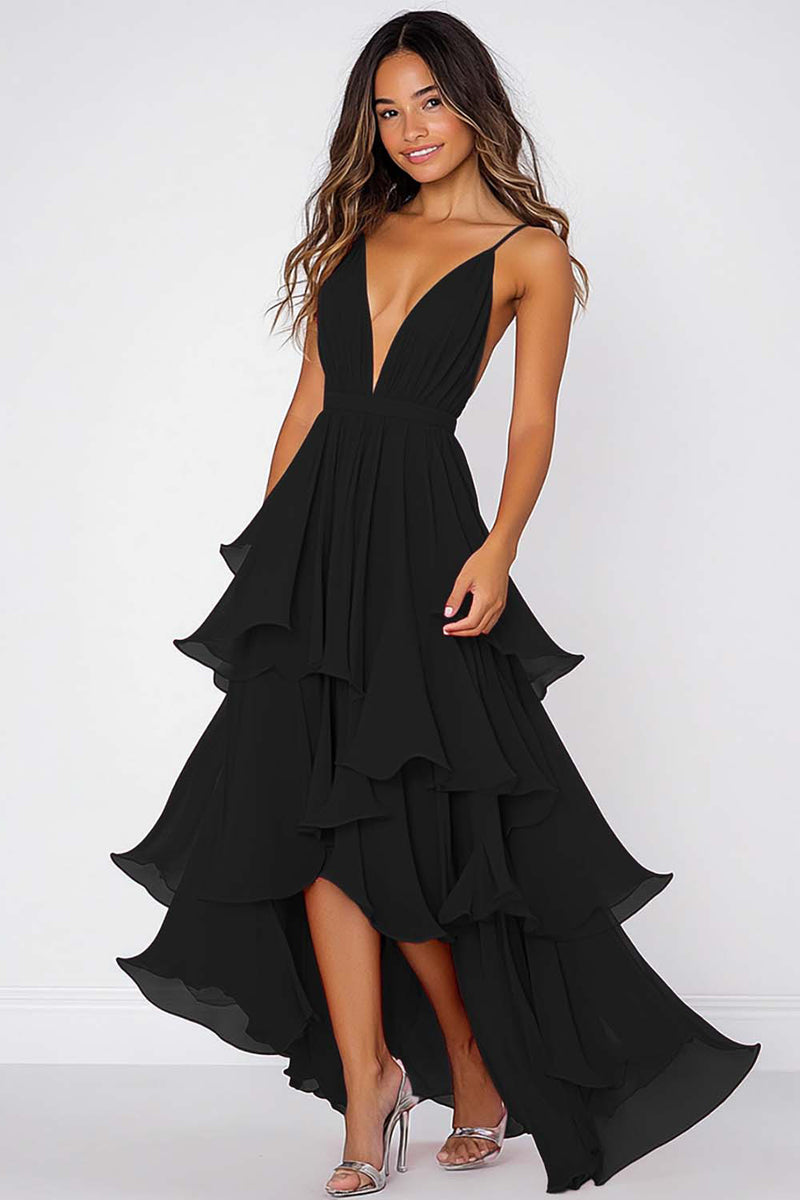 Load image into Gallery viewer, Red A Line V-Neck Pleated Long Chiffon Formal Dress