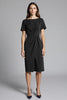 Load image into Gallery viewer, Navy Bodycon Ruched Midi Satin Work Dress