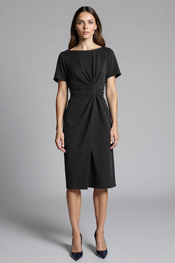 Navy Bodycon Ruched Midi Satin Work Dress