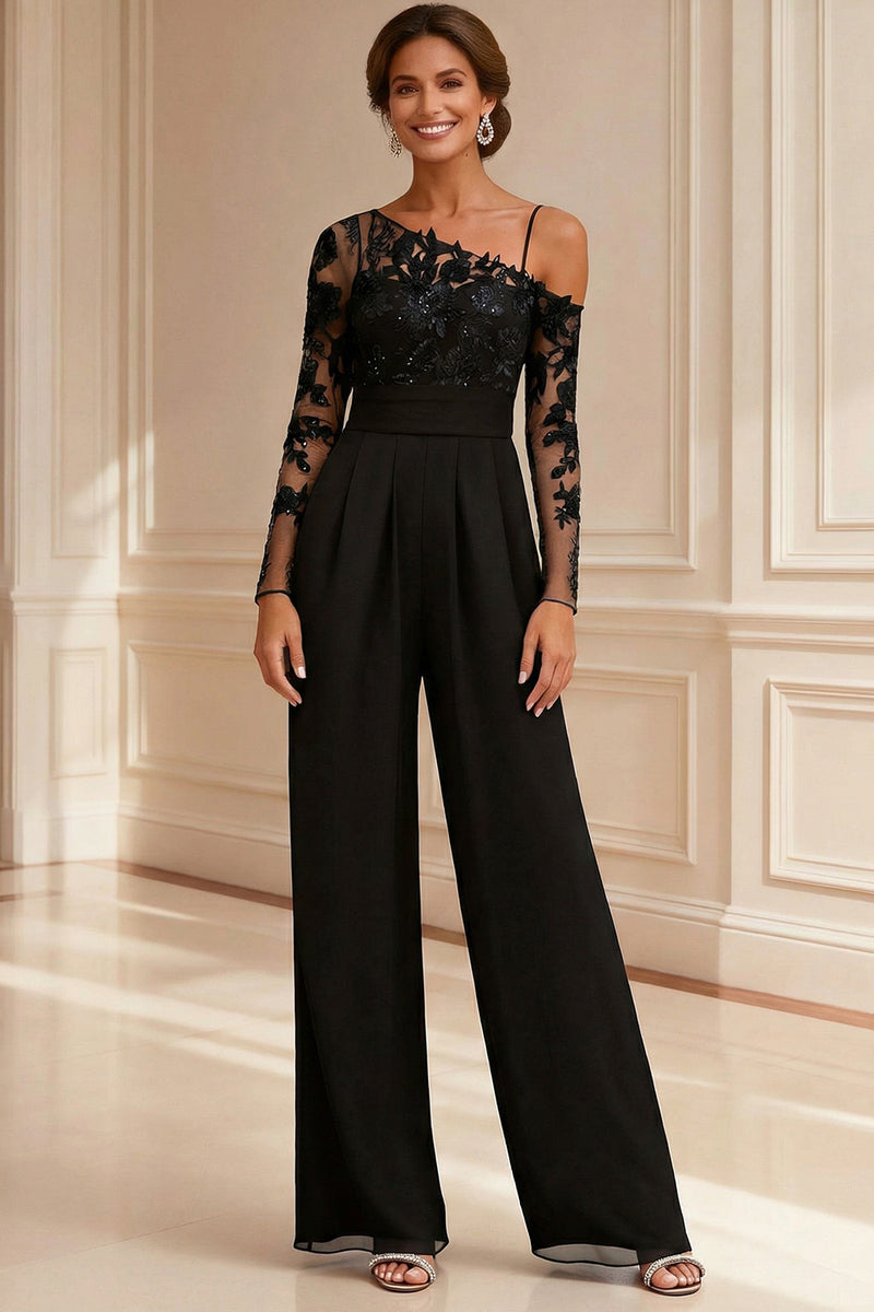Load image into Gallery viewer, Sparkly Navy Beaded Asymmetrical Neck Long Mother of the Bride Jumpsuits with Lace