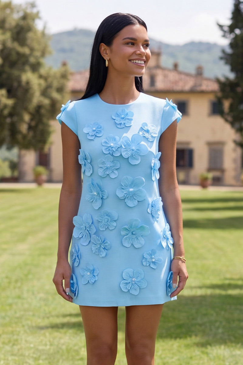 Load image into Gallery viewer, Butter Blue Floral Round Neck Short Homecoming Dress with Sleeves