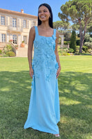 Load image into Gallery viewer, Blue Square Neck A Line Floral Maxi Formal Dress