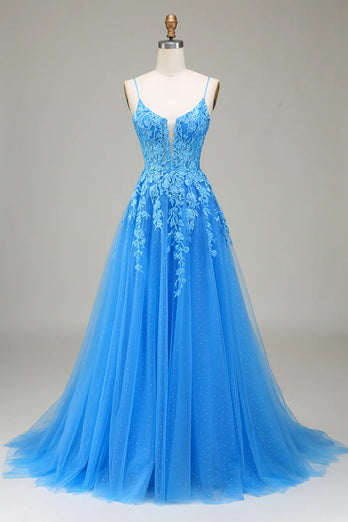 Blue Tulle A Line Spaghetti Straps Long Prom Dress With Appliques