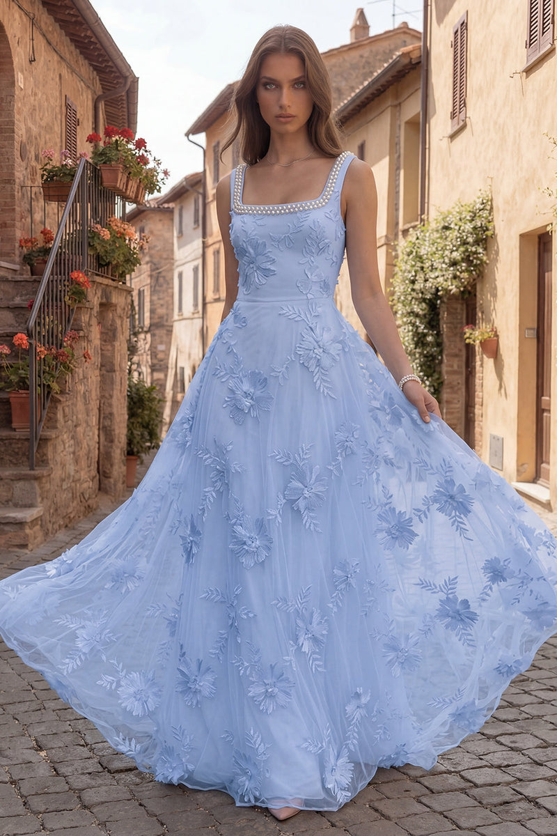 Load image into Gallery viewer, Floral Yellow Beaded Square Neck A Line Long Prom Dress