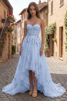 Load image into Gallery viewer, Yellow A Line Floral Strapless High-Low Corset Prom Dress with Ruffles