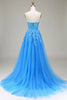 Load image into Gallery viewer, Blue Tulle A Line Spaghetti Straps Long Prom Dress With Appliques
