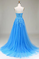 Load image into Gallery viewer, Blue Tulle A Line Spaghetti Straps Long Prom Dress With Appliques