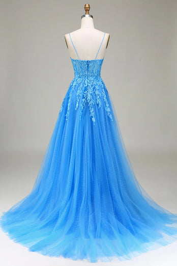 Blue Tulle A Line Spaghetti Straps Long Prom Dress With Appliques