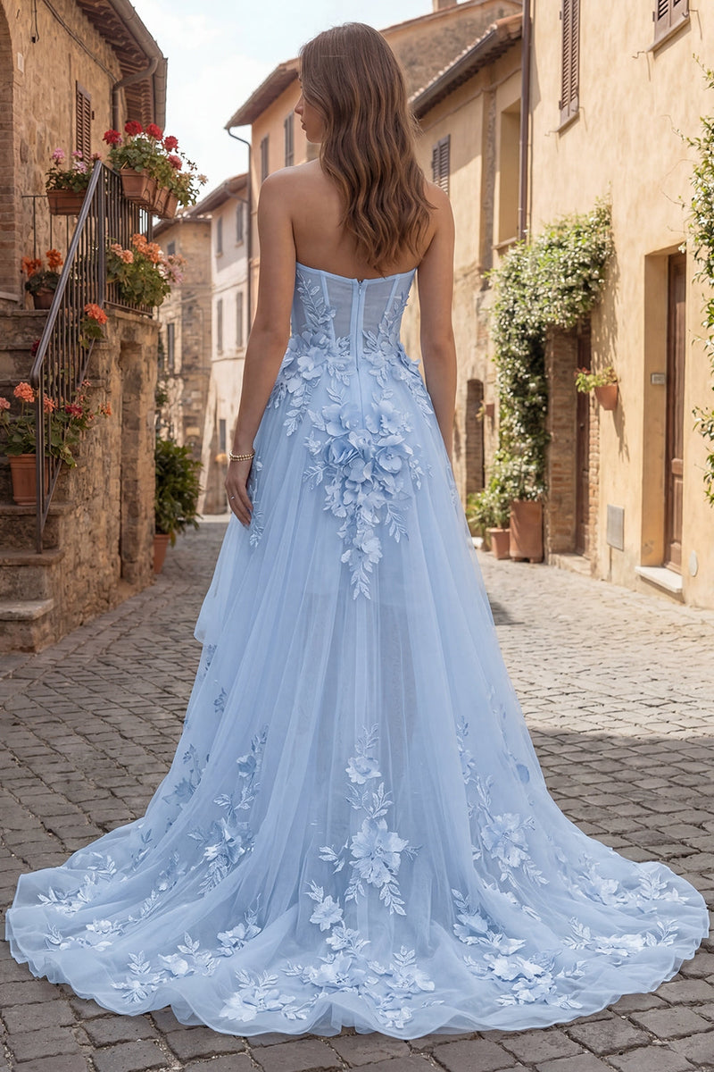a-line strapless corset tulle floor-length prom dress with leaf lace Floral Blue Corset Prom Light Blue Flowy Prom Dress A-line Strapless Corset Tulle Floor-Length