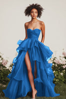 Load image into Gallery viewer, Queendancer Women Navy Chiffon Long Formal Dress with Slit Sweetheart Strapless Tiered Ruched Prom Dress with Ruffles