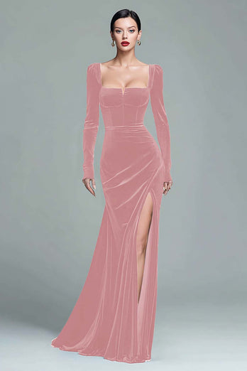 Dark Green Velvet Ruched Square Neck Long Holiday Party Dress with Slit
