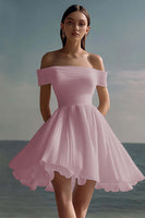 Load image into Gallery viewer, White Chiffon Mini Off the Shoulder Graduation Dress