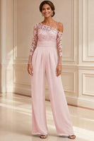 Load image into Gallery viewer, Sparkly Navy Beaded Asymmetrical Neck Long Mother of the Bride Jumpsuits with Lace