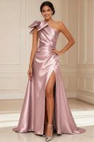 Load image into Gallery viewer, Silver Satin One Shoulder A Line Long Mother of the Bride Dress with Bow