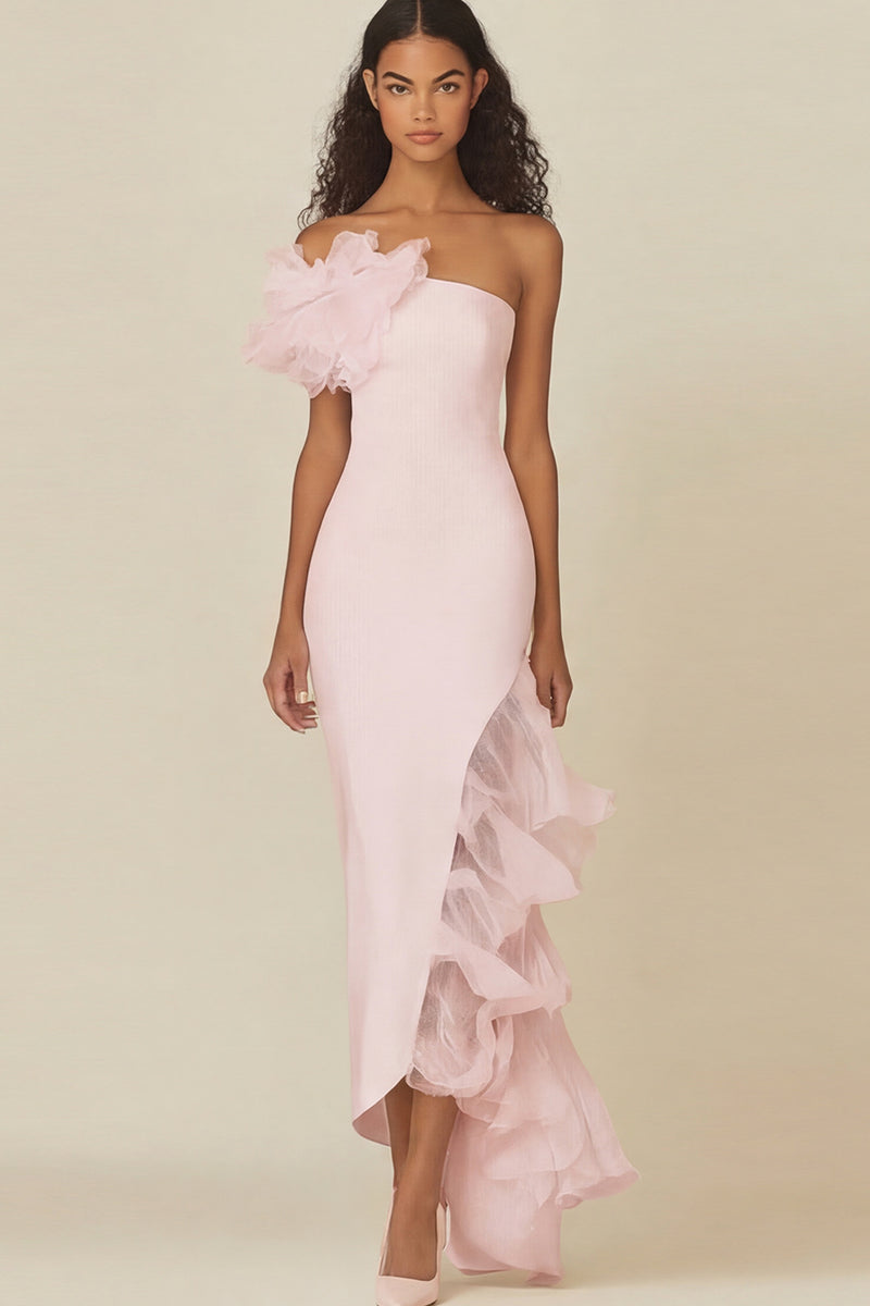 Load image into Gallery viewer, White Sheath Asymmetrical Long Rehearsal Dinner Dress with Ruffles