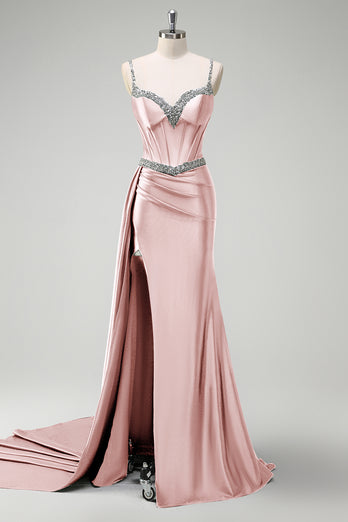 Sparkly Dark Green Sequined Corset Long Satin Prom Dress