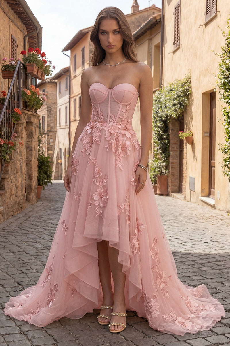 Load image into Gallery viewer, Yellow A Line Floral Strapless High-Low Corset Prom Dress with Ruffles