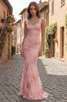 Load image into Gallery viewer, Floral Yellow Square Neck Mermaid Long Prom Dress with Pearls