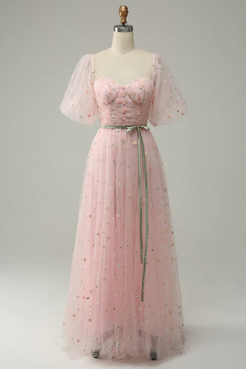 A Line Off the Shoulder Blush Plus Size Prom Dress with Embroidery