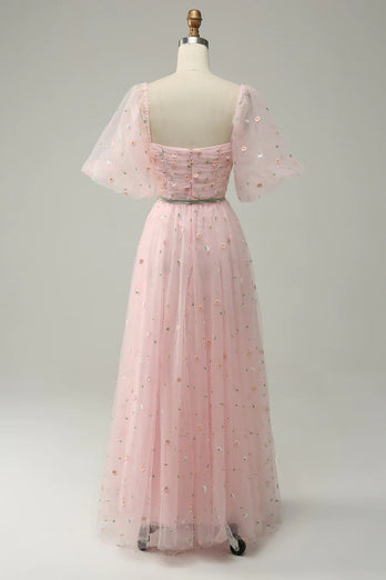 A Line Off the Shoulder Blush Plus Size Prom Dress with Embroidery