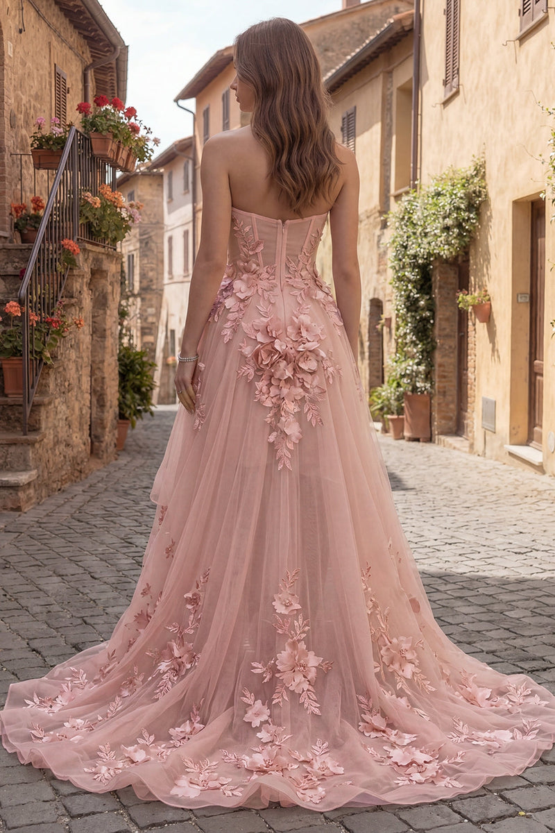 Load image into Gallery viewer, Yellow A Line Floral Strapless High-Low Corset Prom Dress with Ruffles