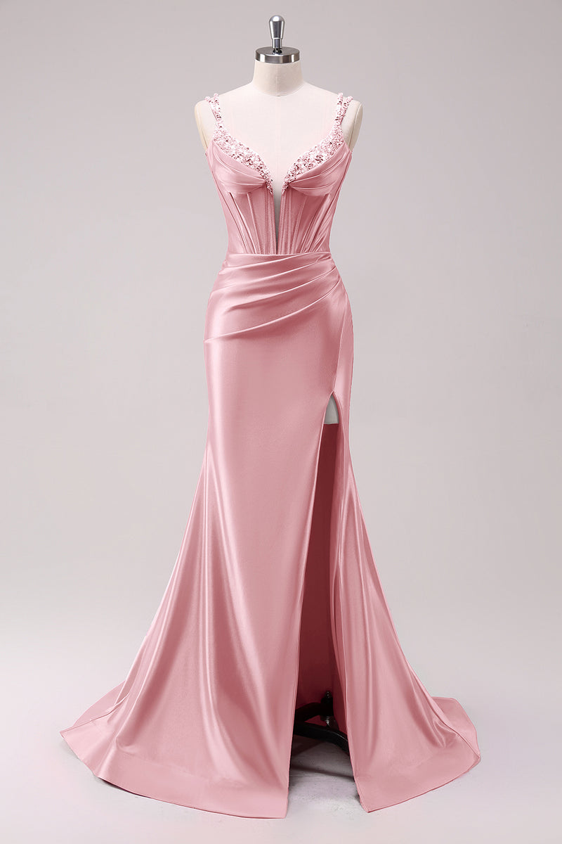 Load image into Gallery viewer, Sparkly Black Corset Spaghetti Straps Prom Dress with Slit