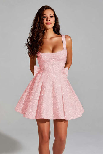 Sparkly Ivory A Line Sequins Square Neck Short Homecoming Dress with Bow