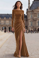 Load image into Gallery viewer, Caramel Sheath Velvet Long Holiday Party Dress with Sleeves