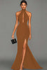 Load image into Gallery viewer, Black Satin Mermaid High Neck Keyhole Long Formal Dress with Slit