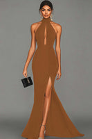 Load image into Gallery viewer, Black Satin Mermaid High Neck Keyhole Long Formal Dress with Slit