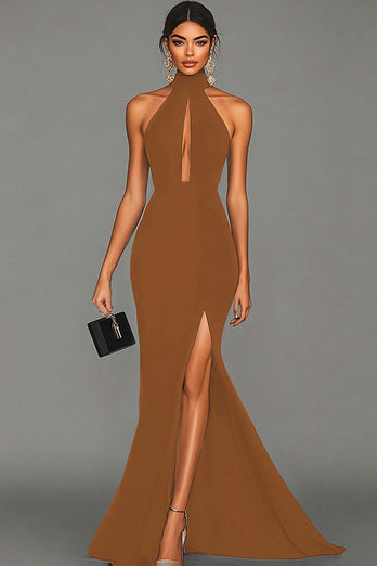 Black Satin Mermaid High Neck Keyhole Long Formal Dress with Slit