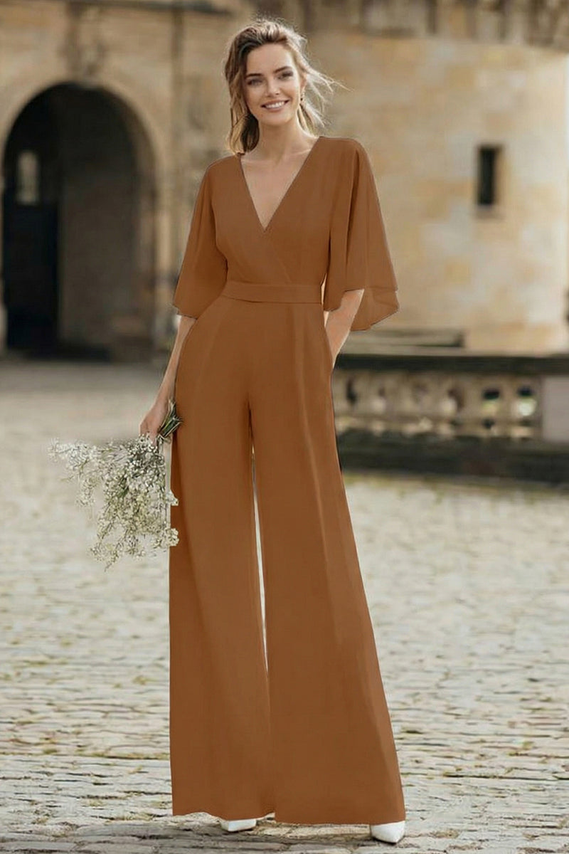 Load image into Gallery viewer, Ivory V-Neck Half Sleeves Long Wedding Jumpsuits with Pockets