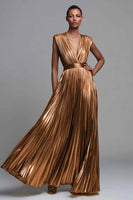 Load image into Gallery viewer, Sparkly Gold A-Line Metallic Deep V-Neck Long Pleated Formal Dress