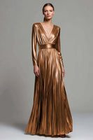 Load image into Gallery viewer, Sparkly Gold Metallic Pleated V-Neck A-Line Long Sleeves Formal Dress