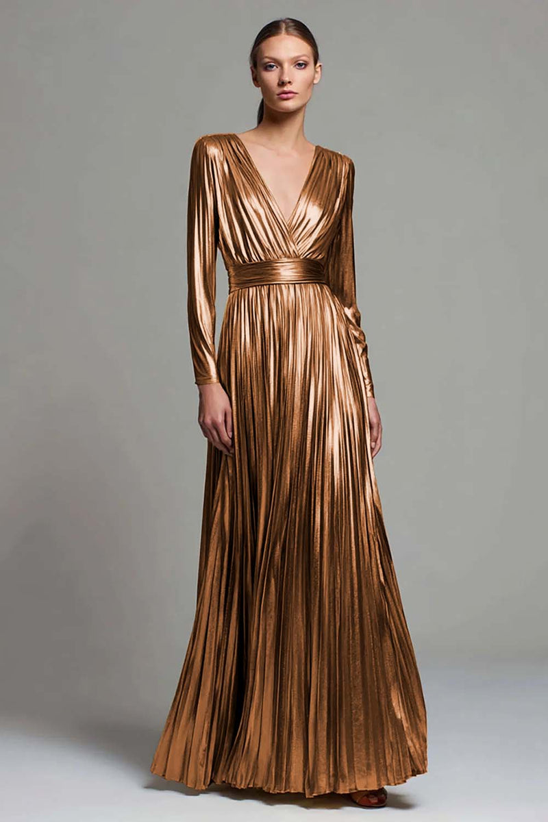 Load image into Gallery viewer, Sparkly Gold Metallic Pleated V-Neck A-Line Long Sleeves Formal Dress