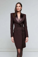 Load image into Gallery viewer, Black Peak Lapel Satin Pencil Double Breasted Midi Blazer Dress with Sleeves