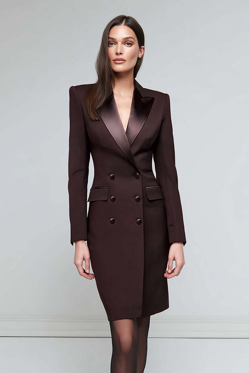 Load image into Gallery viewer, Black Peak Lapel Satin Pencil Double Breasted Midi Blazer Dress with Sleeves
