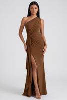 Load image into Gallery viewer, Burgundy One Shoulder Ruched Long Mermaid Formal Dress with Ruffles
