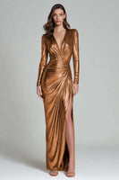 Load image into Gallery viewer, Sparkly Gold Sheath Metallic V-Neck Long Sleeves Formal Dress with Slit