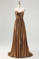 Load image into Gallery viewer, Gold Pleated Metallic Strapless A Line Long Prom Dress