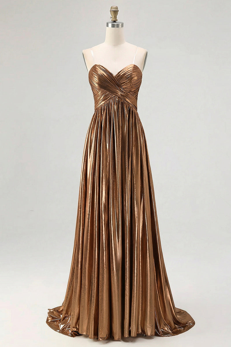 Load image into Gallery viewer, Gold Pleated Metallic Strapless A Line Long Prom Dress