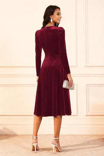 Glitter Dark Green Velvet A Line Midi Holiday Party Dress with Sleeves