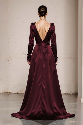 Peacock Green Satin V-Neck A Line Long Sleeves Formal Dress